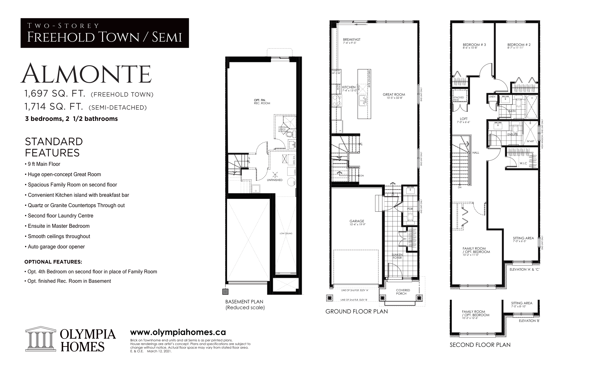 Almonte floor plan — basement, ground and second floor — Olympia Homes Carleton Place