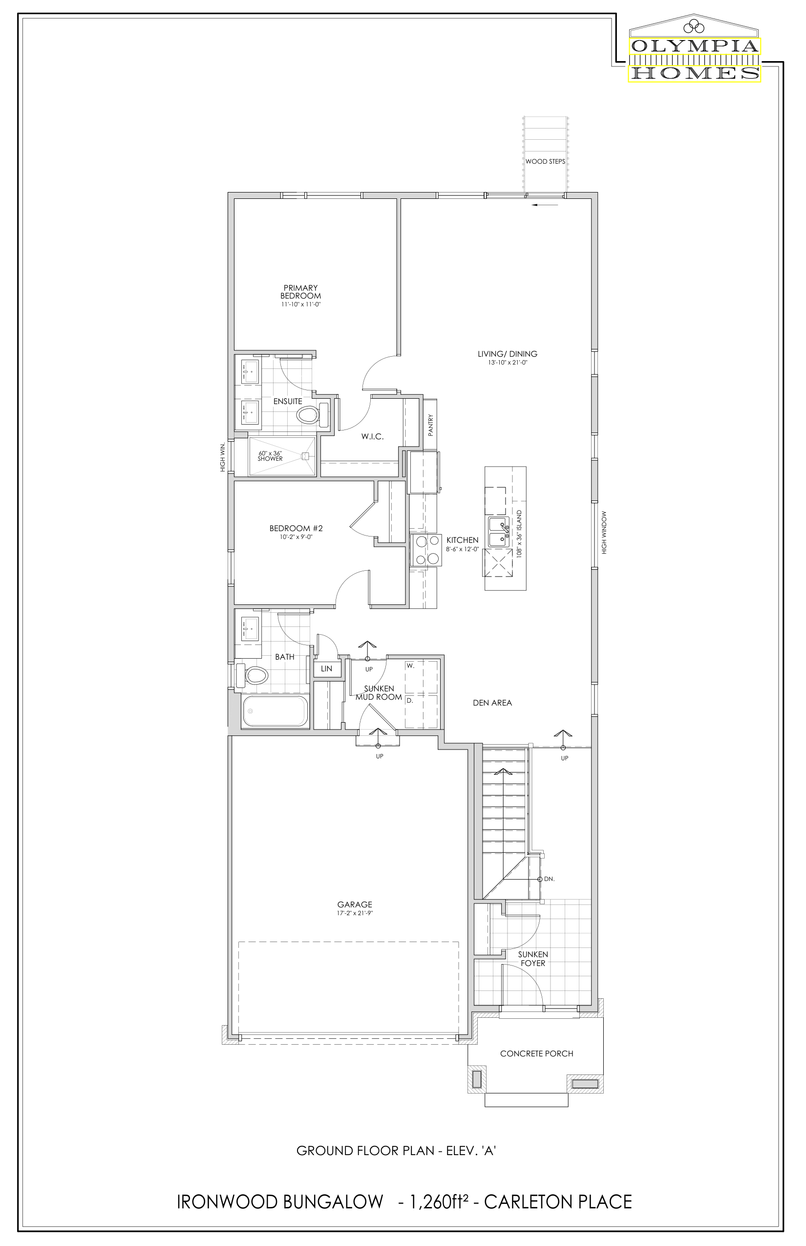 Ironwood ground floor plan — 1,260 sq ft bungalow, Olympia Homes Carleton Place