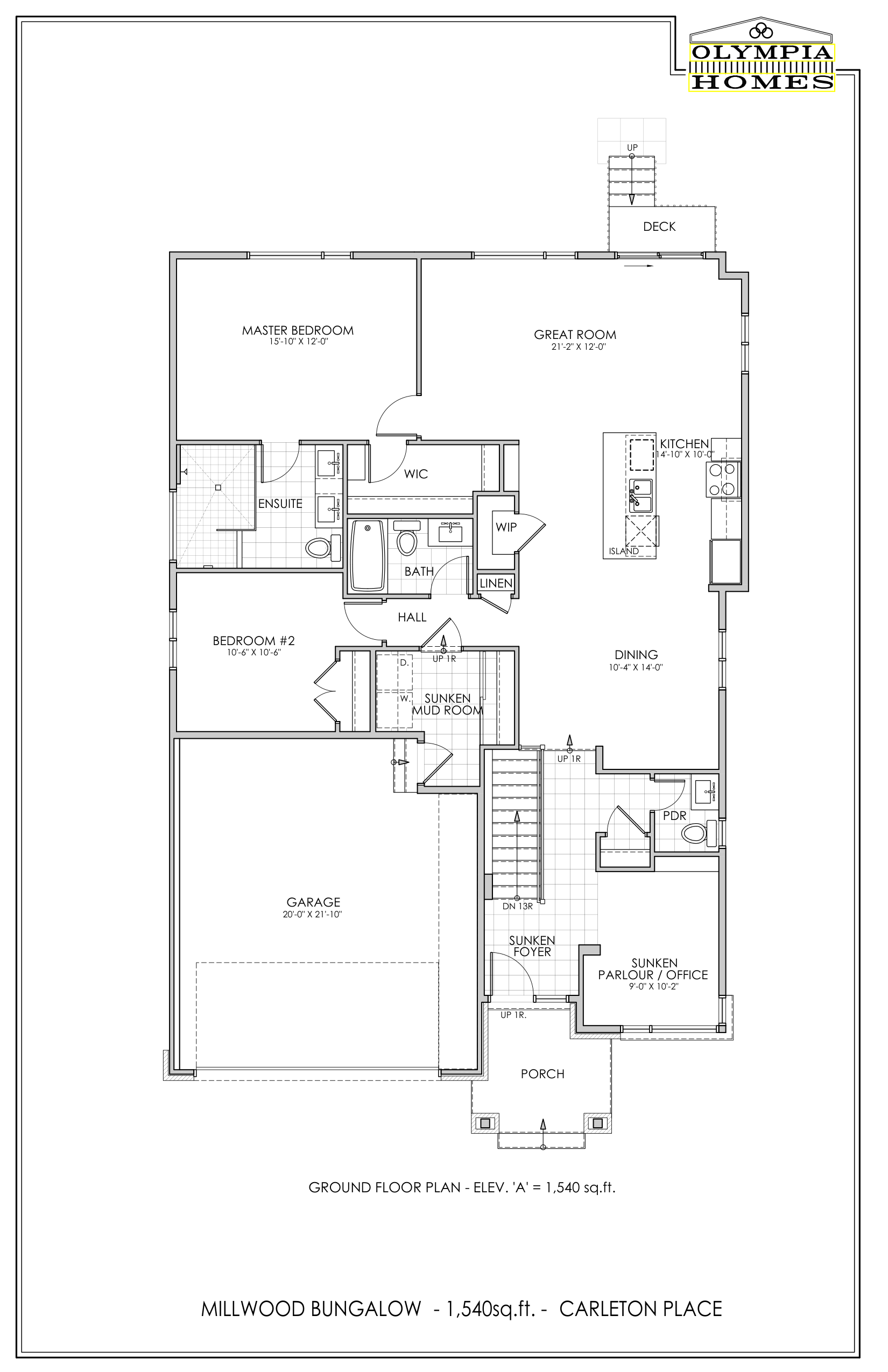 Millwood ground floor plan — 1,540 sq ft bungalow, Olympia Homes Carleton Place